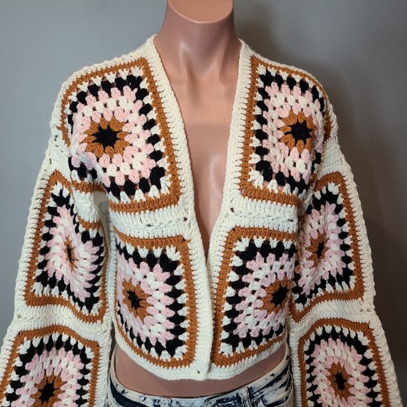 DREAMERS BY DEBUT Crochet Granny Square Cardigan Boho Retro Gypsy Grunge S/M - Picture 2 of 9